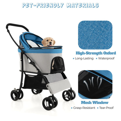 Foldable Pet Stroller with 4-Level Adjustable Canopy and Storage Basket