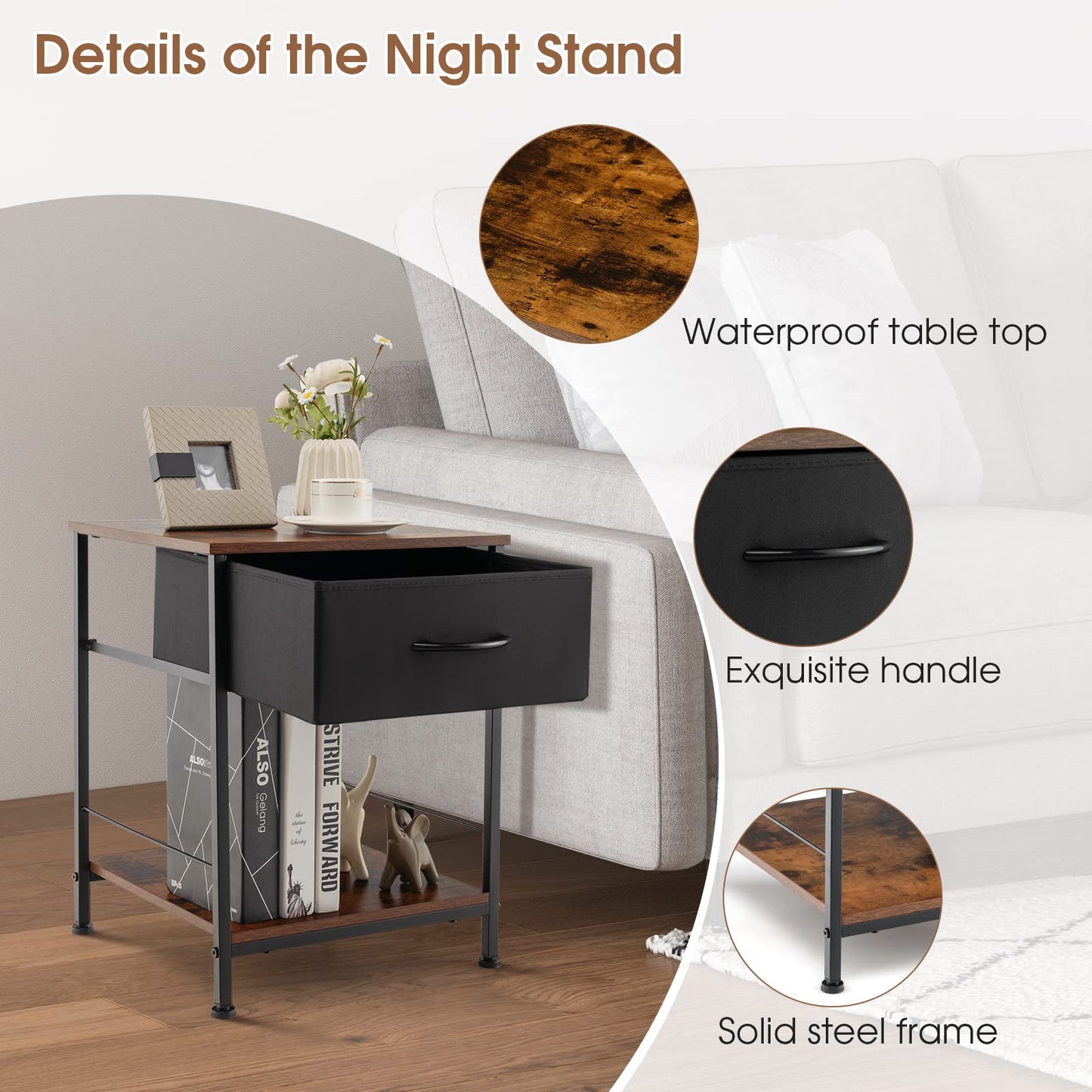 2-Tier Nightstand Bedside End Sofa Table with Drawer