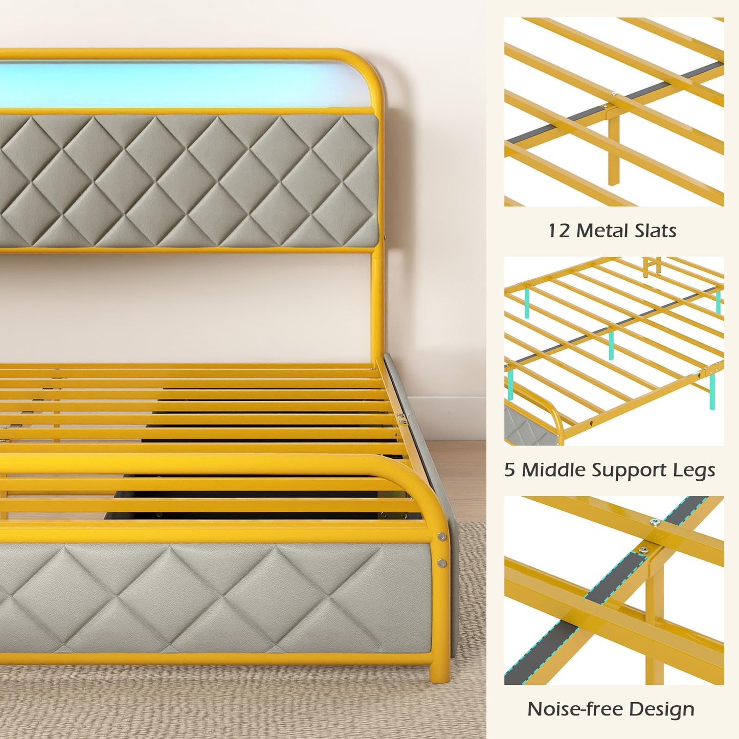 5FT King Size Bed Frame with RGB LED Lights, Charging Station