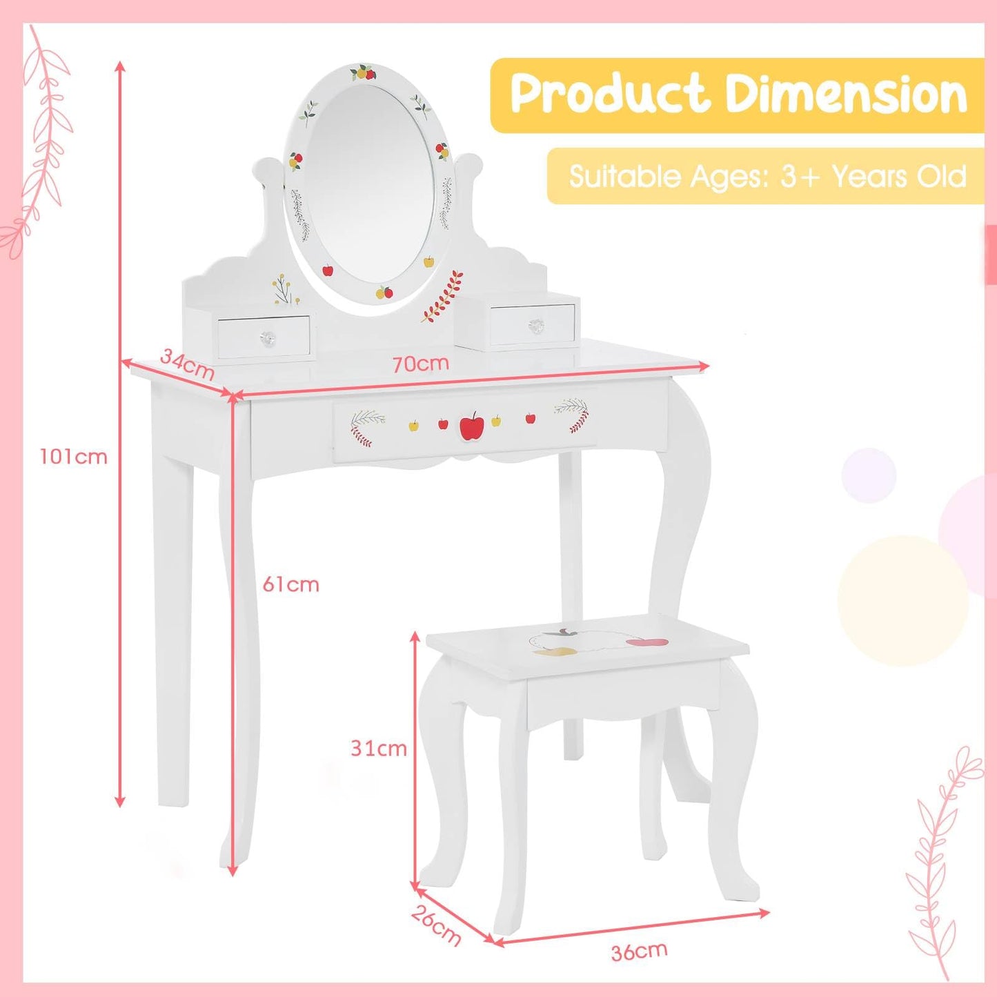 Princess Pretend Play Kids Vanity Set with 360° Rotating Mirror