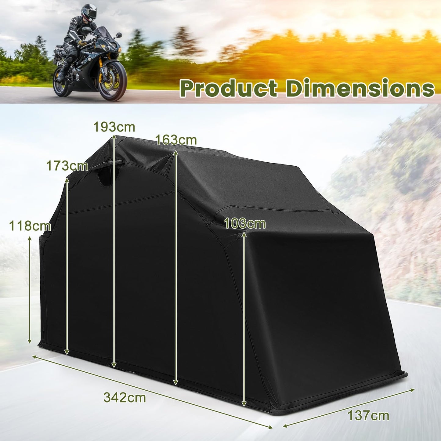 342 x 137 x 193cm 600D Oxford Waterproof Motorbike Cover Shelter