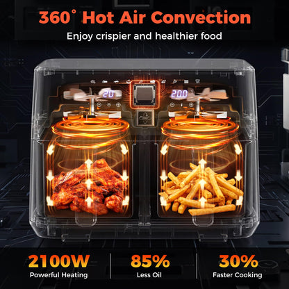 8L Dual Zone Air Fryer, 10-In-1 Presets Airfryer Oven with Sync Finish & Match Cook, LED Digital Touch Screen, 85% Less Fat, Nonstick Dishwasher Safe Baskets, Large Family Size,