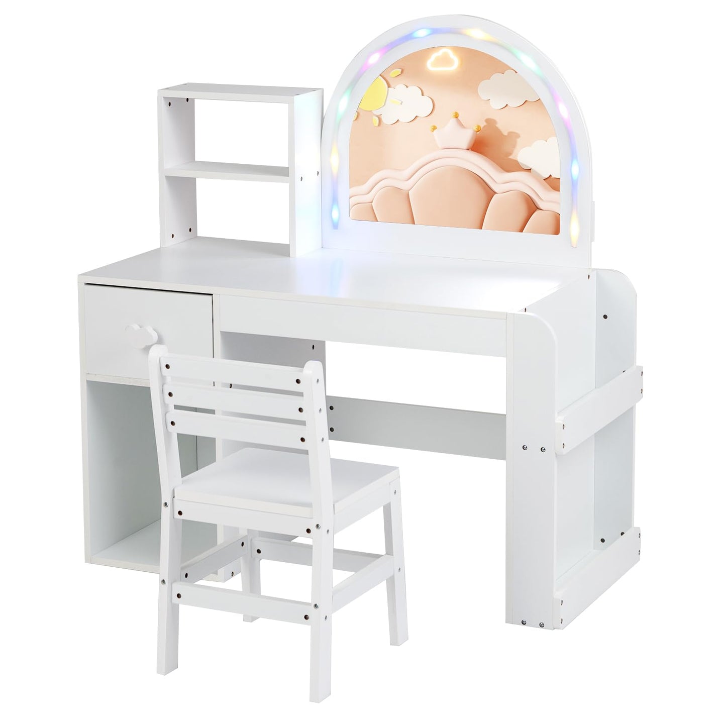 Kids Vanity Table and Chair Set with Lighted Mirror Open Storage Shelves