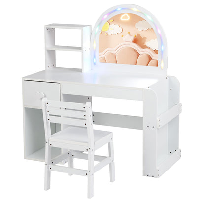 Kids Vanity Table and Chair Set with Lighted Mirror Open Storage Shelves