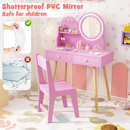 Wooden Kids Vanity Set with Lighted Mirror, Hooks and Storage Drawers