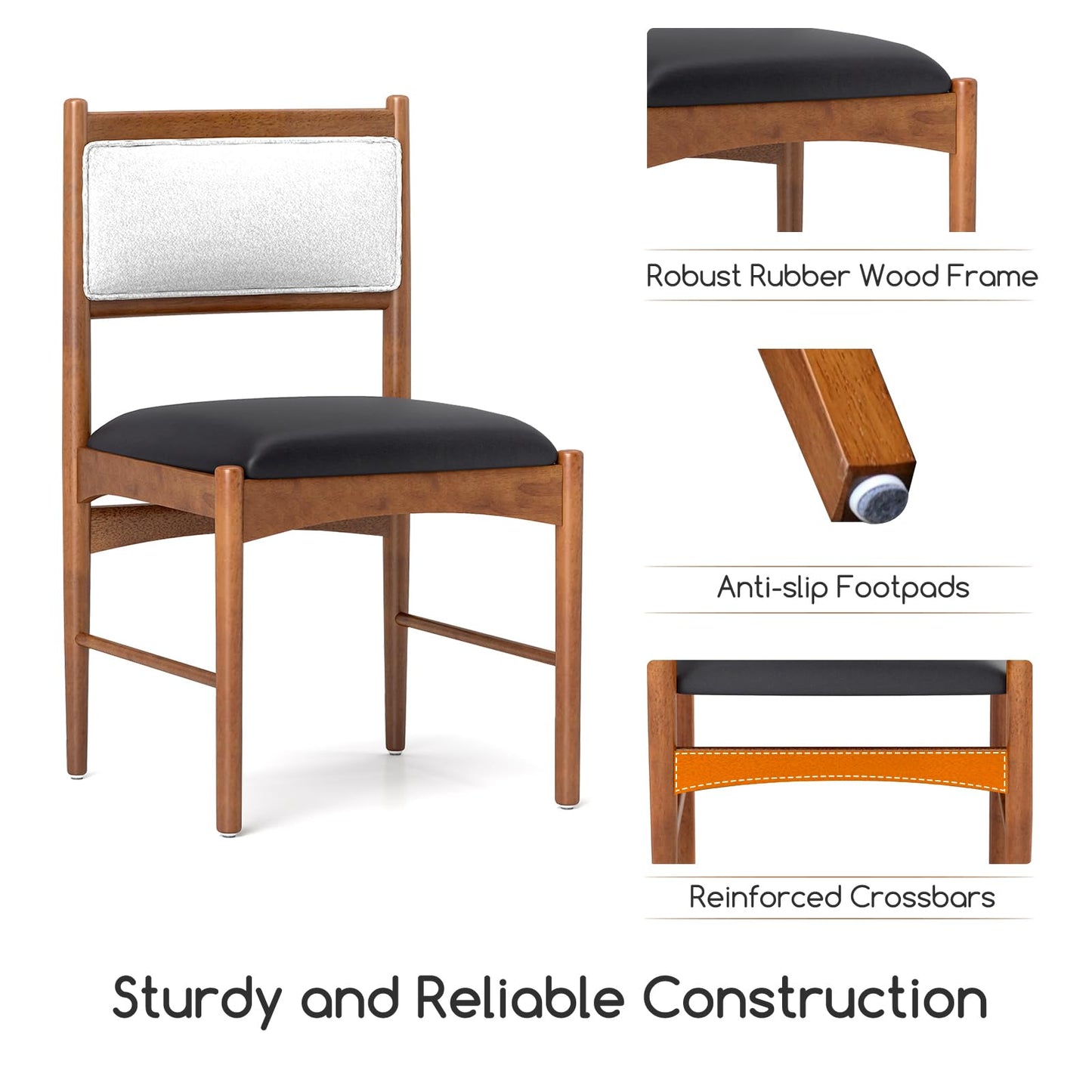 Wooden Dining Chair with Rubber Wood Frame Set of 2