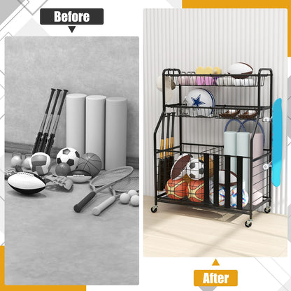 Sports Equipment Storage Rack Rolling Sports Ball Storage Cart