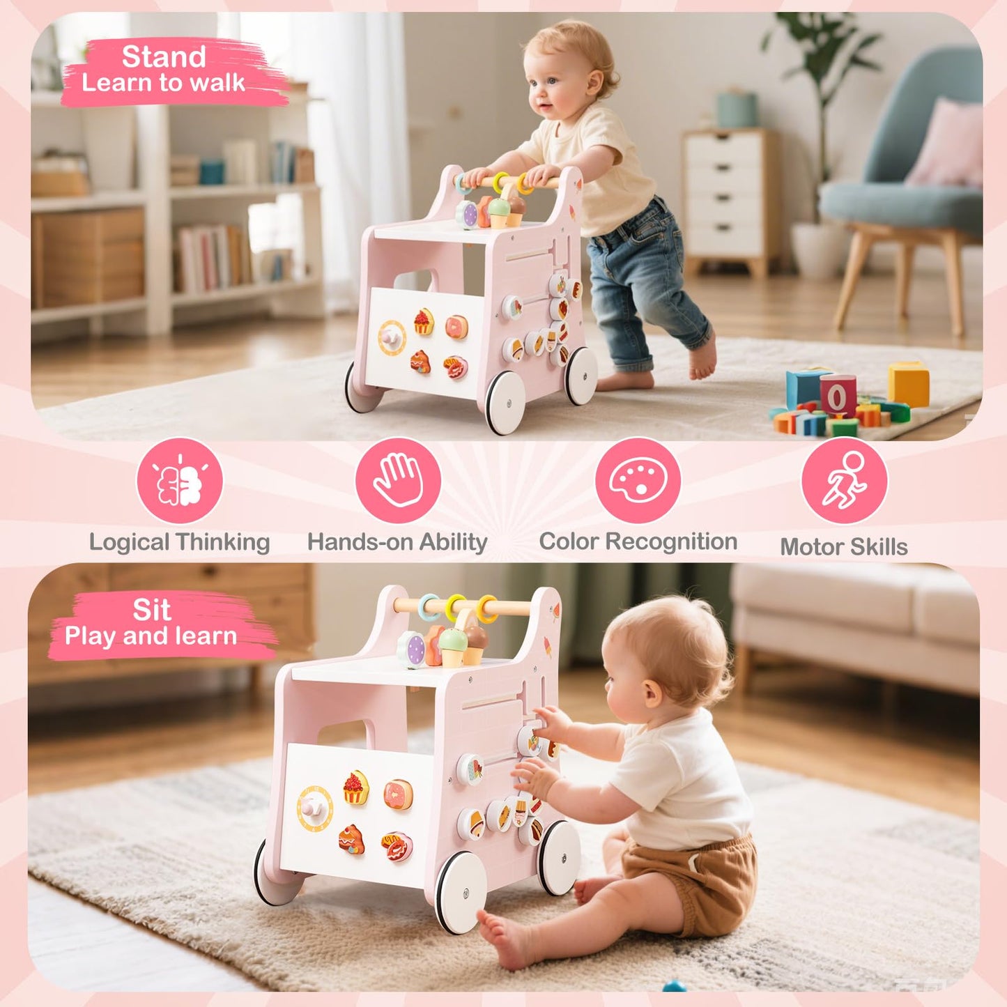 8 in 1 Toddler Push and Pull Learning Activity Center with Teaching Clock