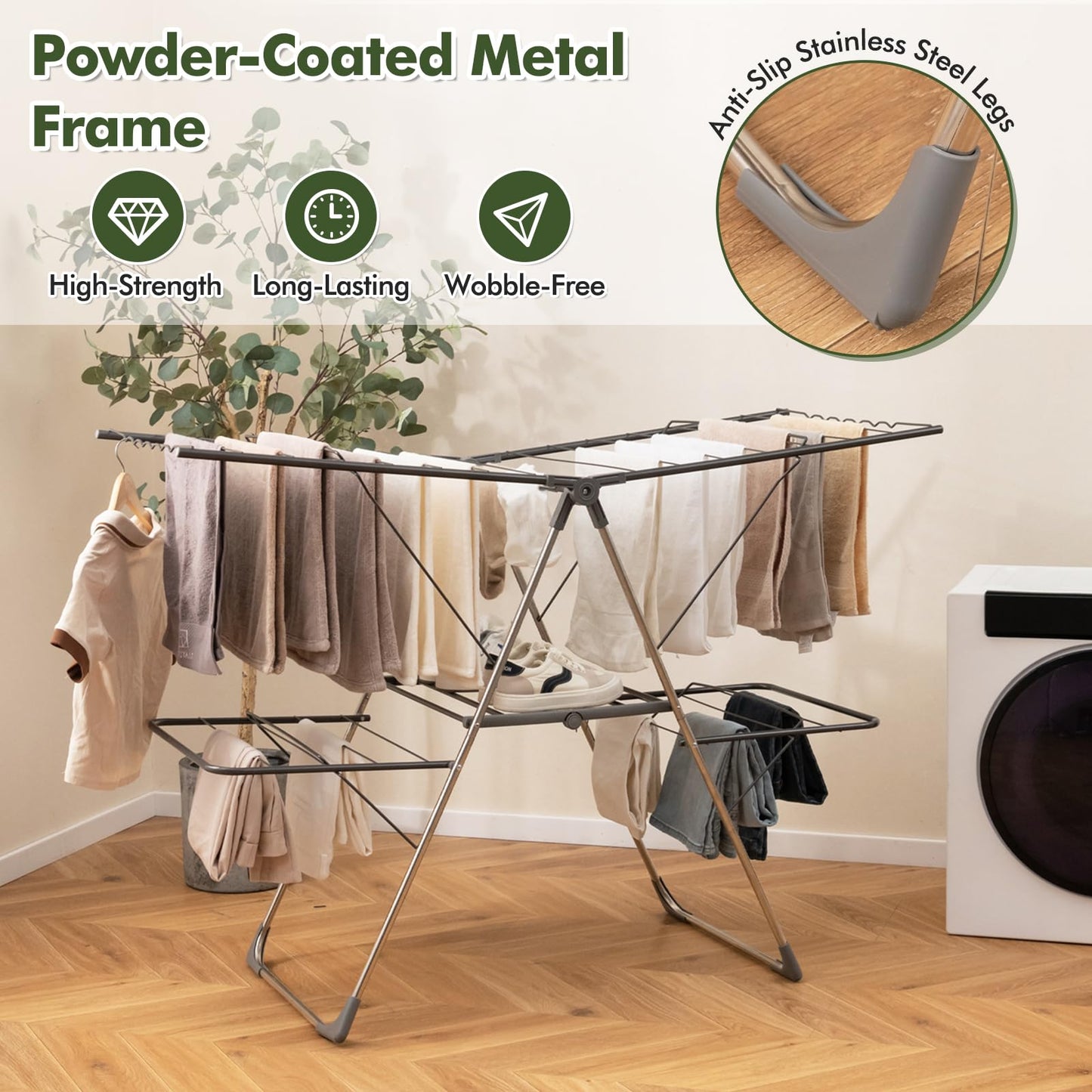 2-Level Foldable Clothes Airer Dryer Horse with Height-Adjustable Wings