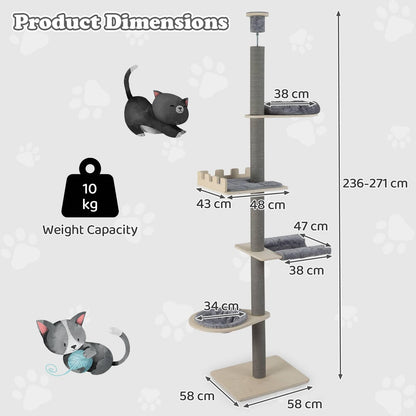 Floor to Ceiling Cat Tree, 5 Tier Tall Cat Tower with 236-271cm Adjustable Height