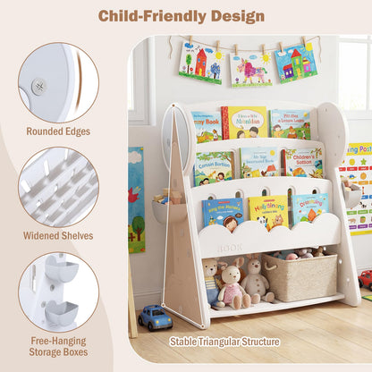 4-Tier Kids Bookshelf with Side Storage Boxes and Reversible Bottom Shelf