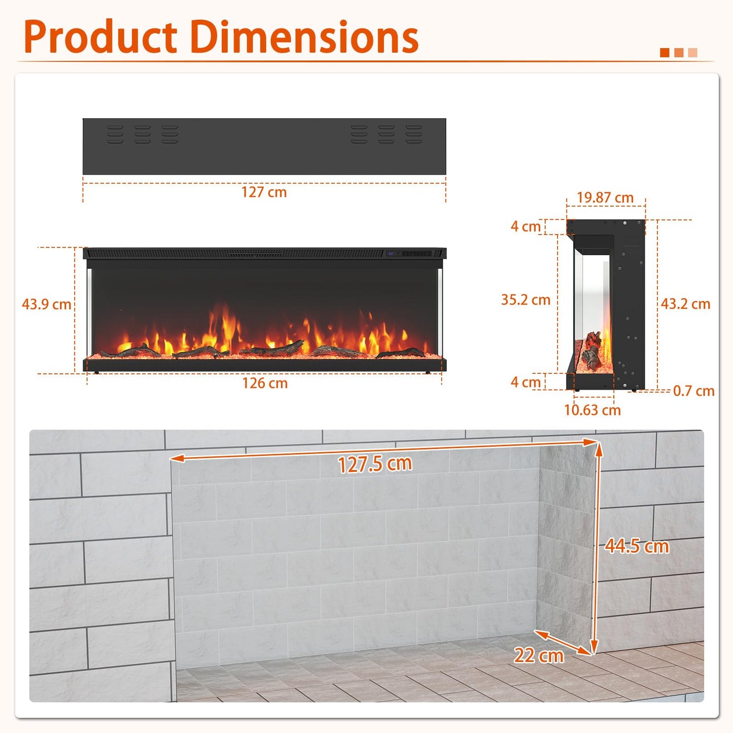 3 Sided Electric Fireplace 50 inch Recessed/Wall-Mounted/Freestanding Fire Place Heater