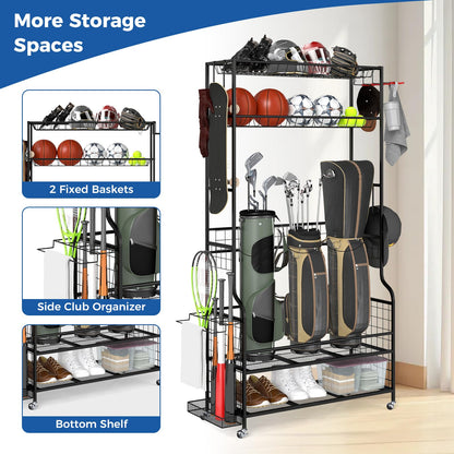 3 Golf Bags Storage Garage Organizer with Wheels 4 Hooks