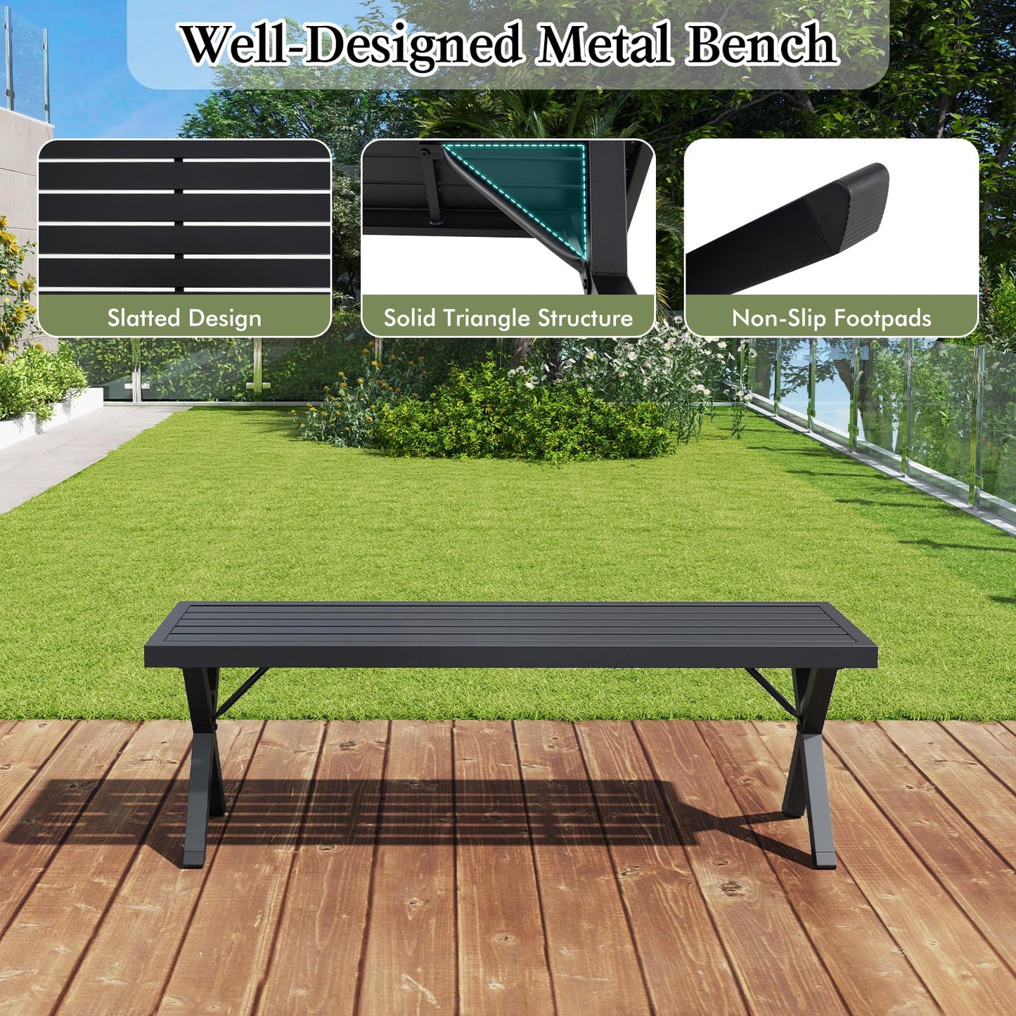 138cm Extra Long Metal Patio Loveseat with Slatted Seat & X Legs
