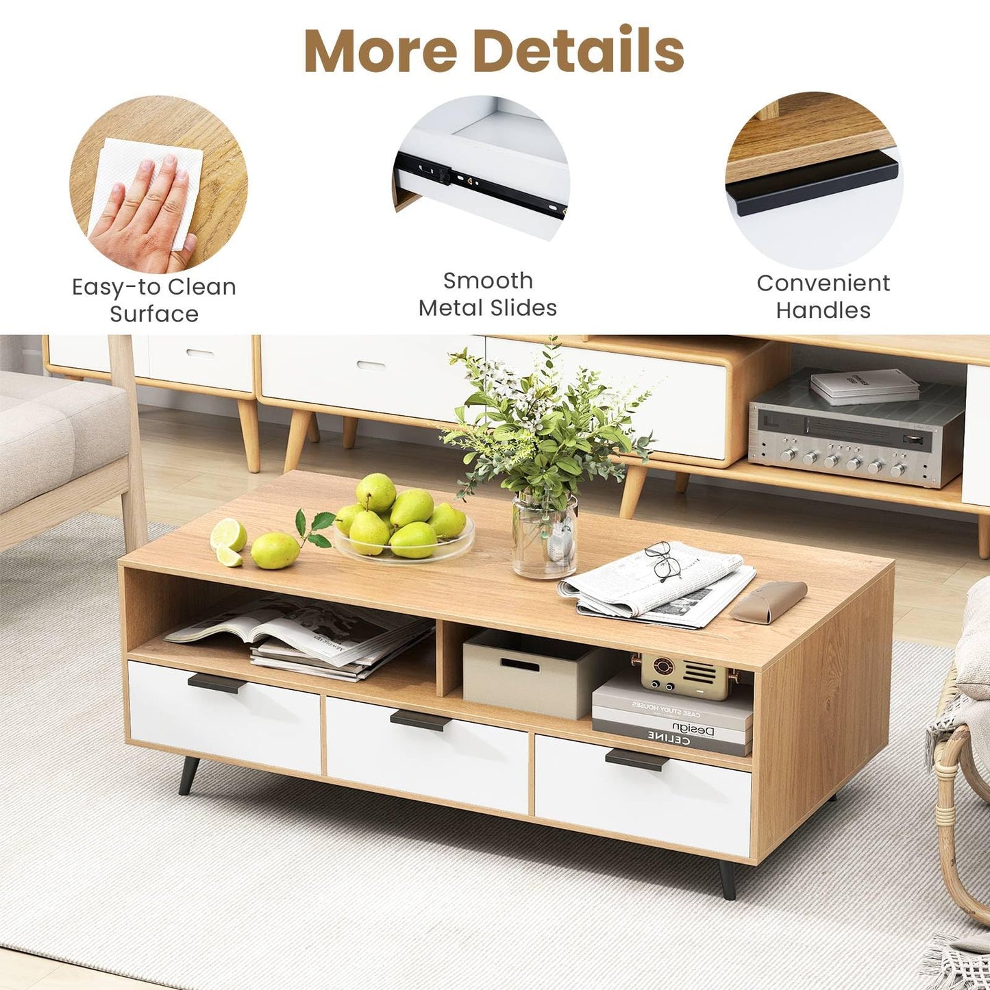 Coffee Table with Storage 47 Inch Center Table with 2 Open Compartments