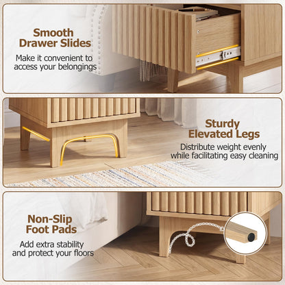 Bedside Table, Wooden Nightstand End Sofa Side Table with Fluted Storage Drawer