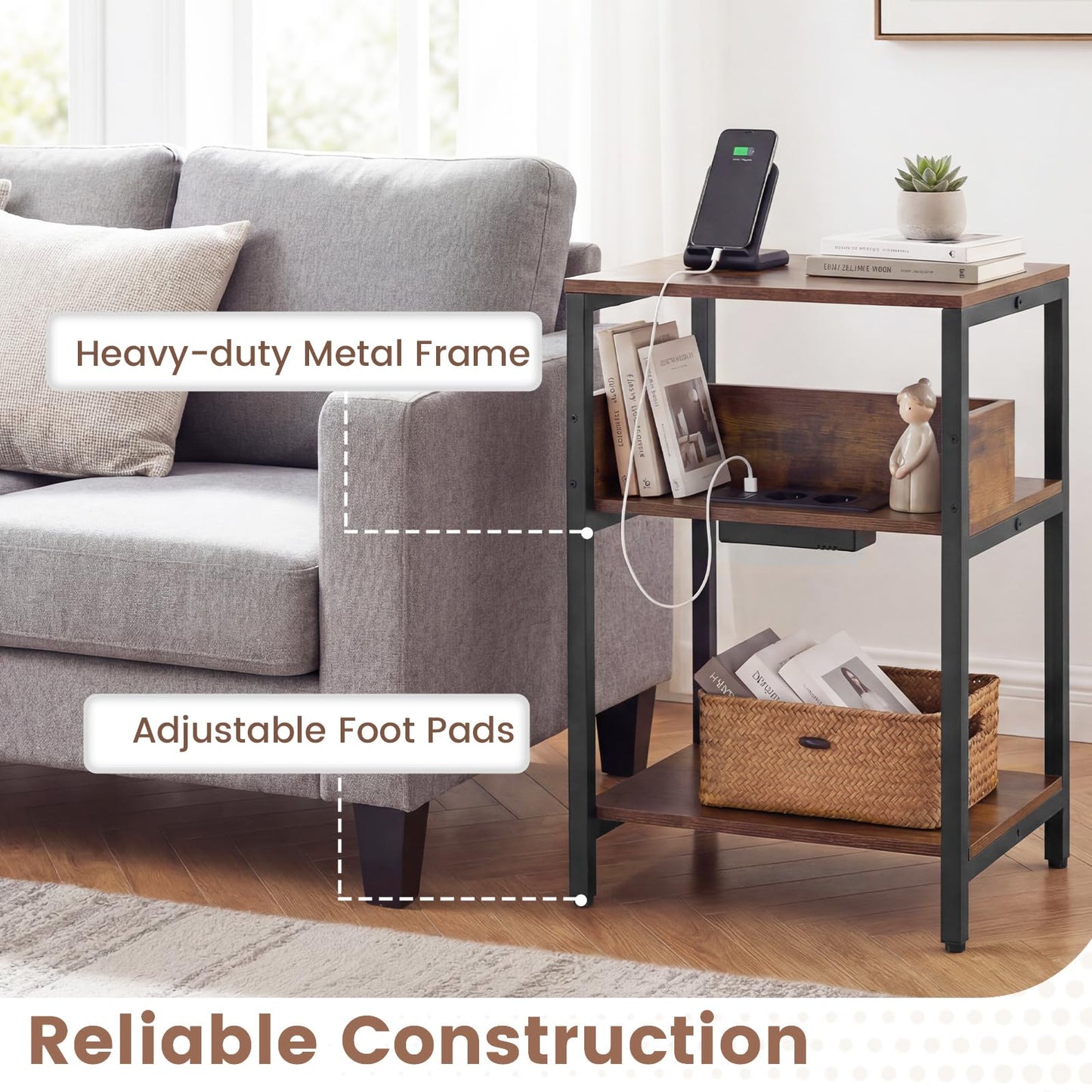 Side Table with Charging Station, 3-Tier Industrial Nightstand Bedside Table
