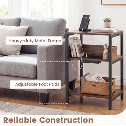 Side Table with Charging Station, 3-Tier Industrial Nightstand Bedside Table