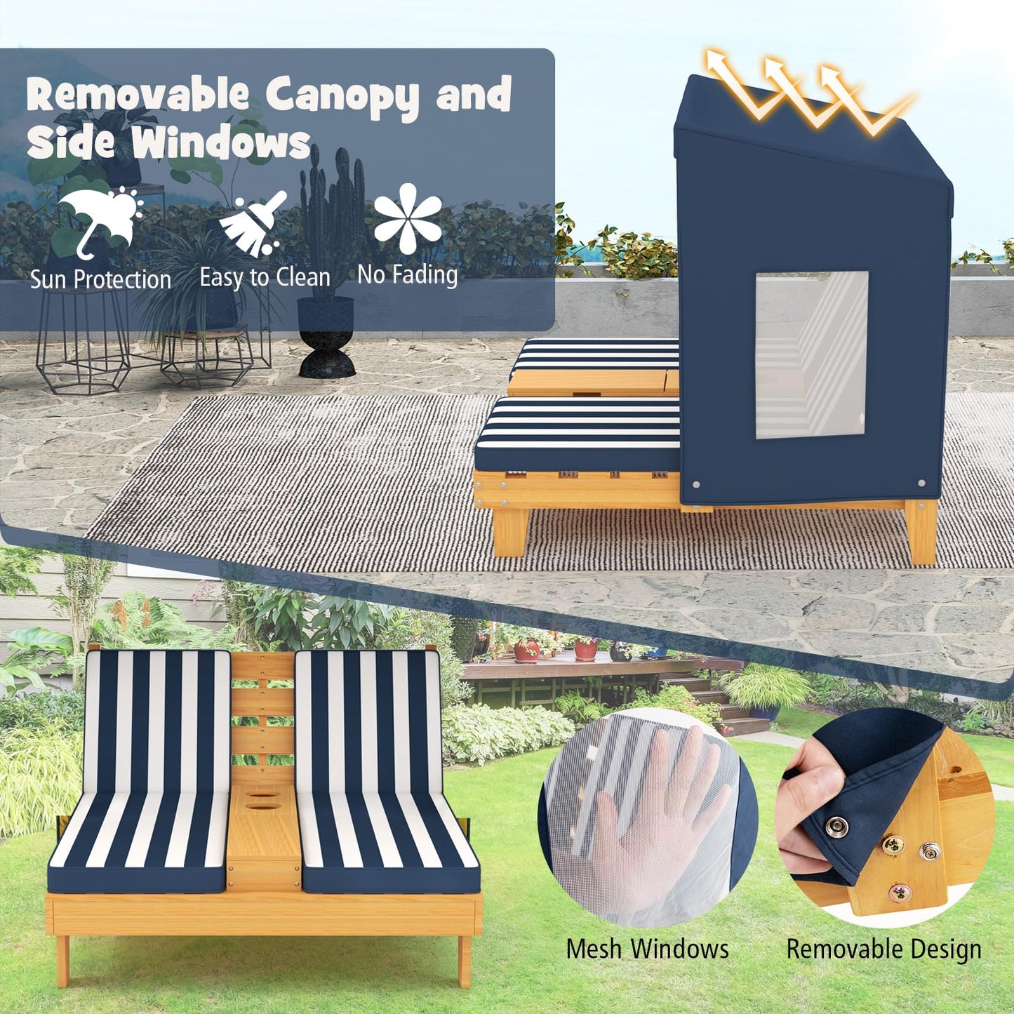 Kids Double Sun Lounger, 2-Seater Garden Lounge Chair with Canopy