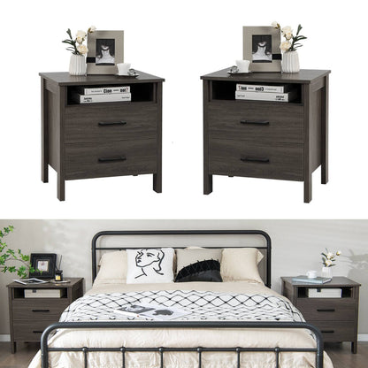 Modern Wooden Nightstand with 2 Drawers and Open Storage Shelf