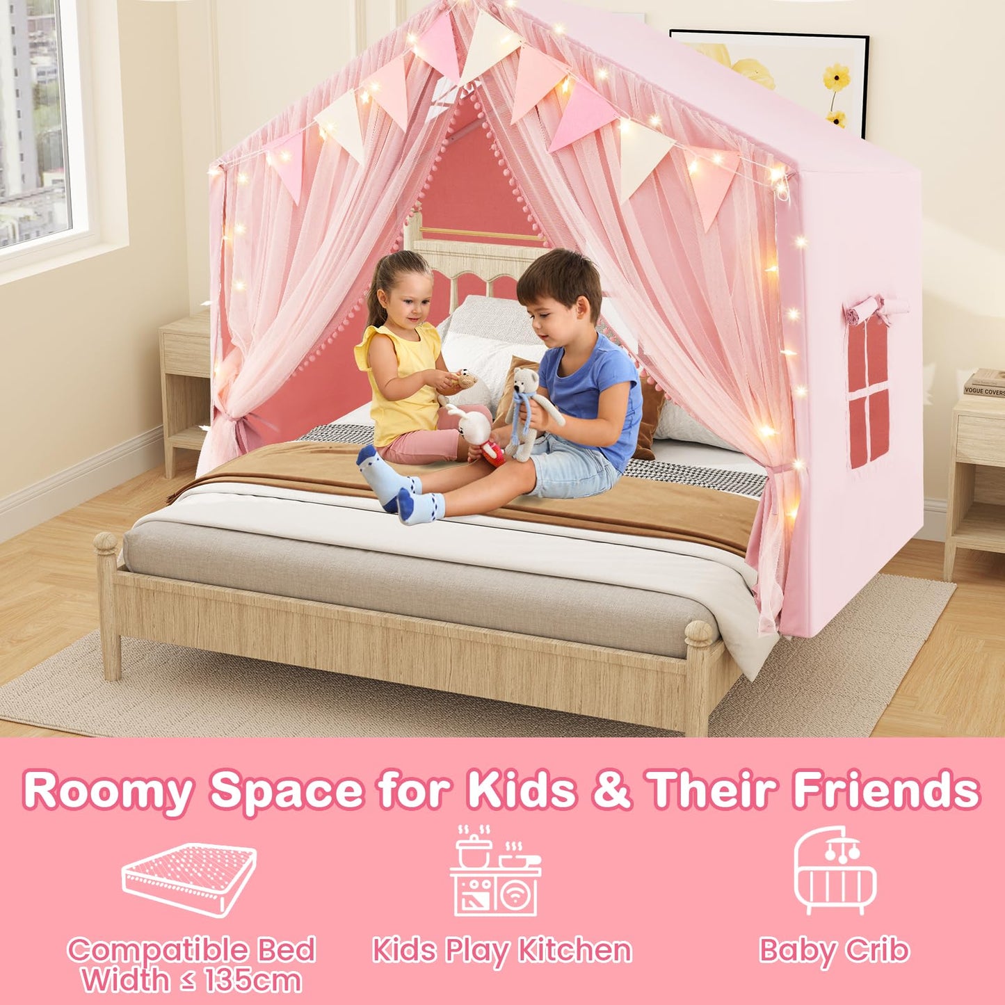 Kids Play Tent 3-4 Kids Large Play Tent House with Fabric and Screen Curtains