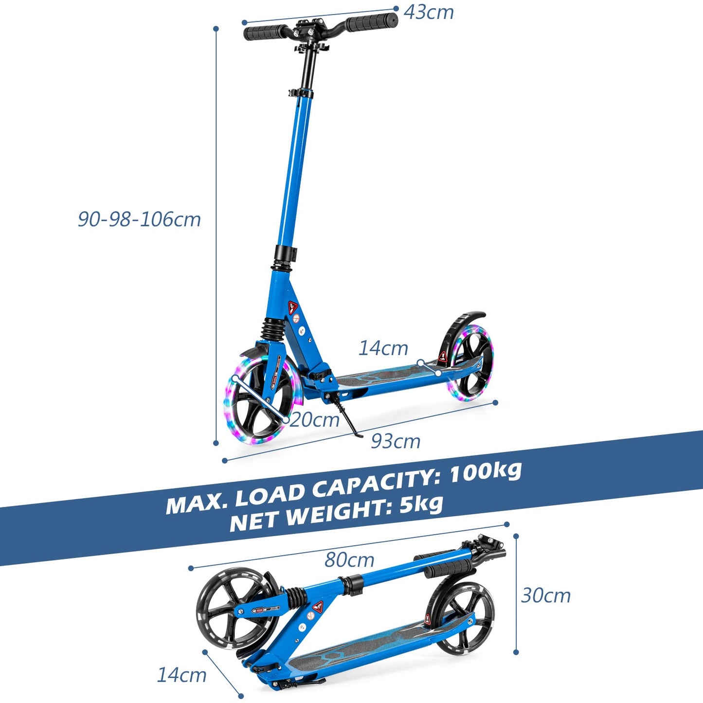 Light Up Scooter with 200mm Large Wheels and Carrying Strap