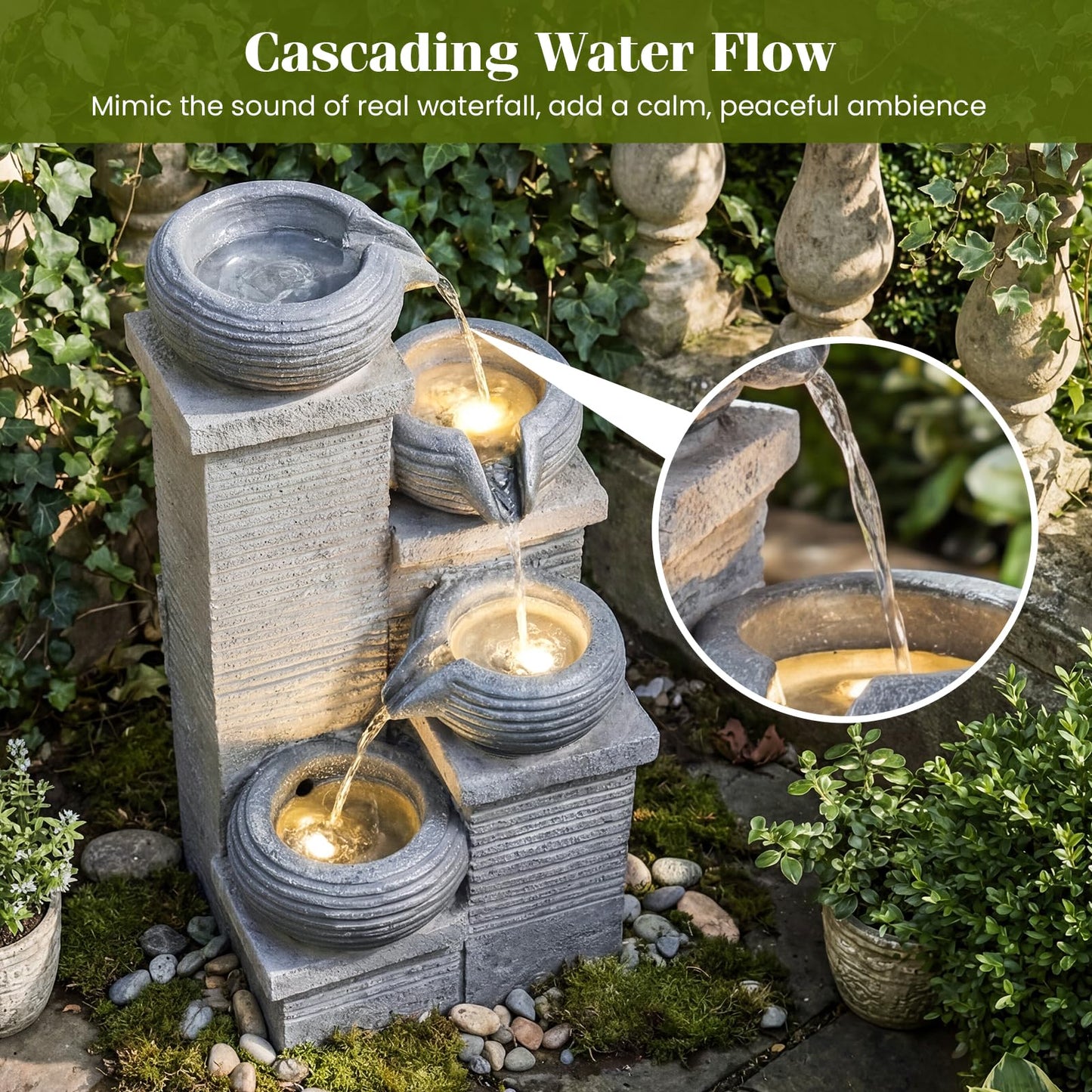 4-Tier Outdoor Water Fountain, Cascading Waterfall Fountain with 3 LED Lights