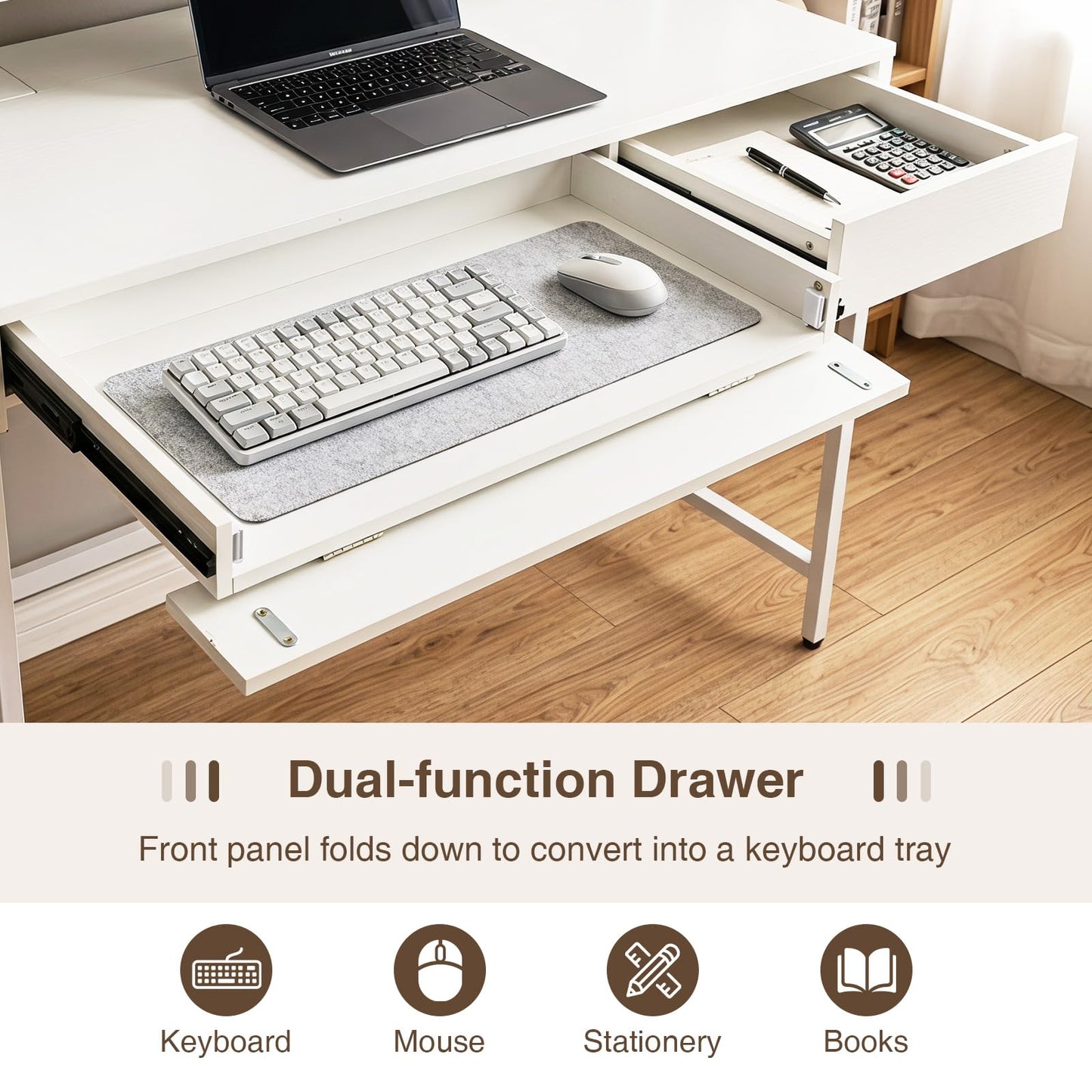 Computer Desk with Power Outlets, 100 x 50 x 90cm Office Desk | Removable Monitor Stand, Dual-use Drawer