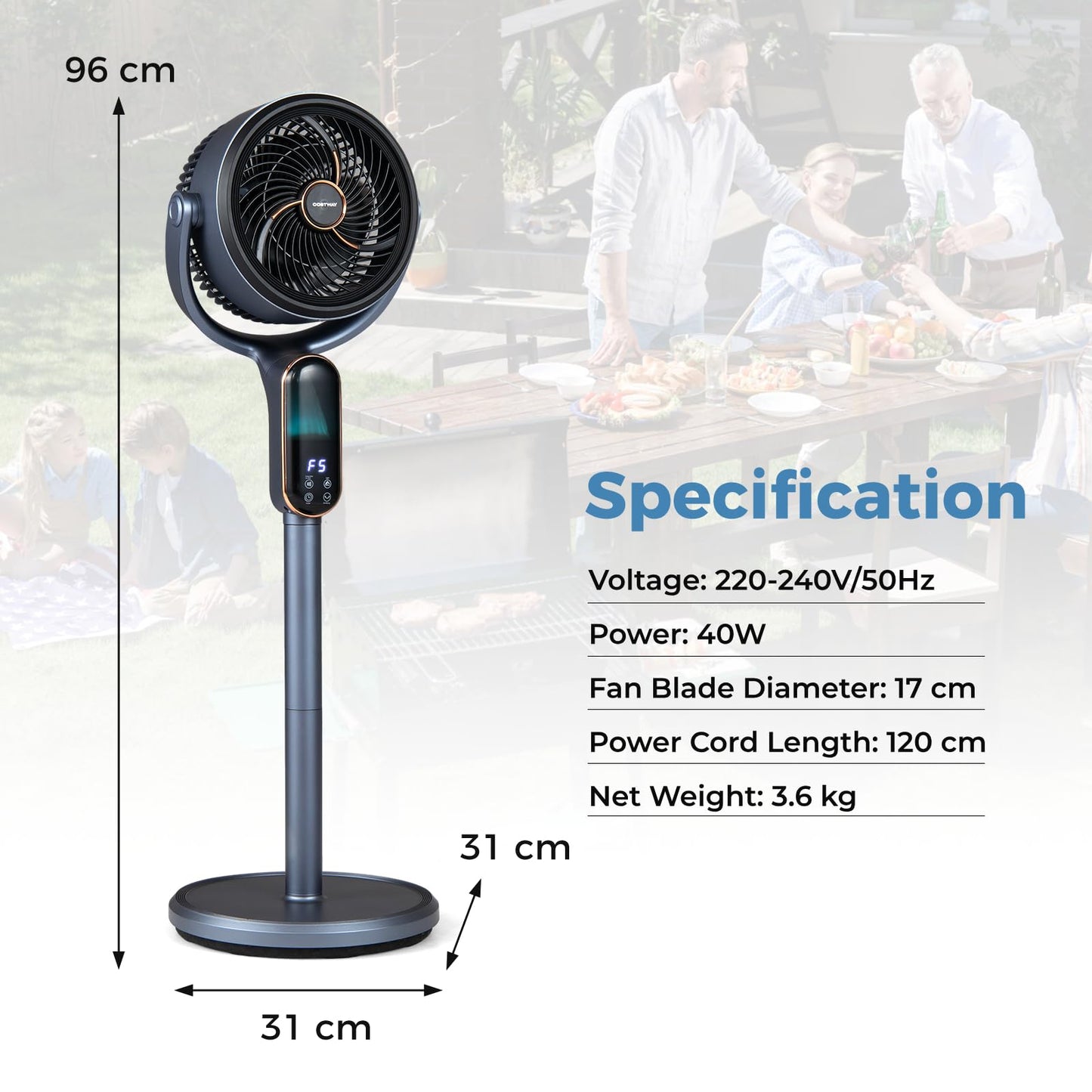 Oscillating Pedestal Fan, Height Adjustable Standing Fan with 8 Speeds