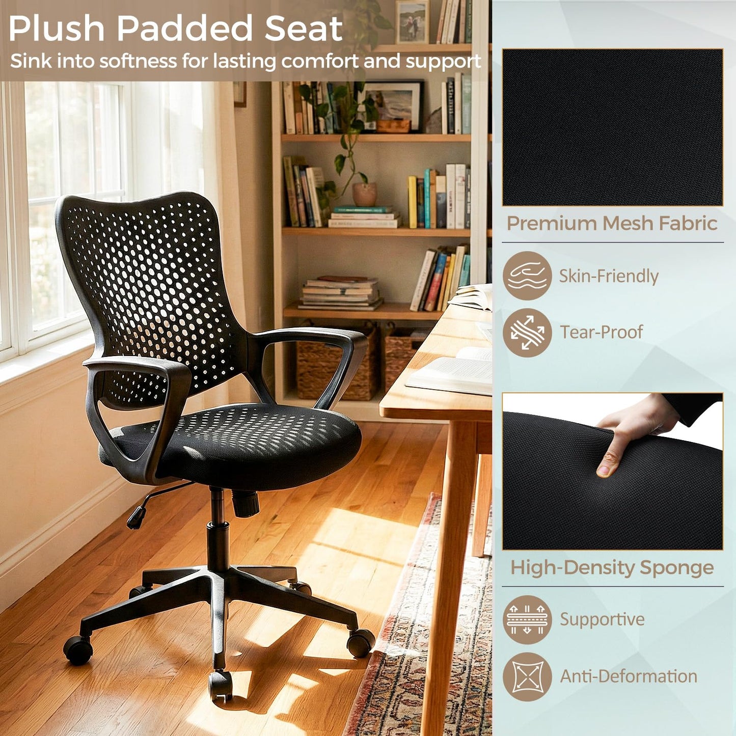 Ergonomic Office Chair, Computer Desk Chair with Armrests, Padded Cushion and Butterfly Backrest
