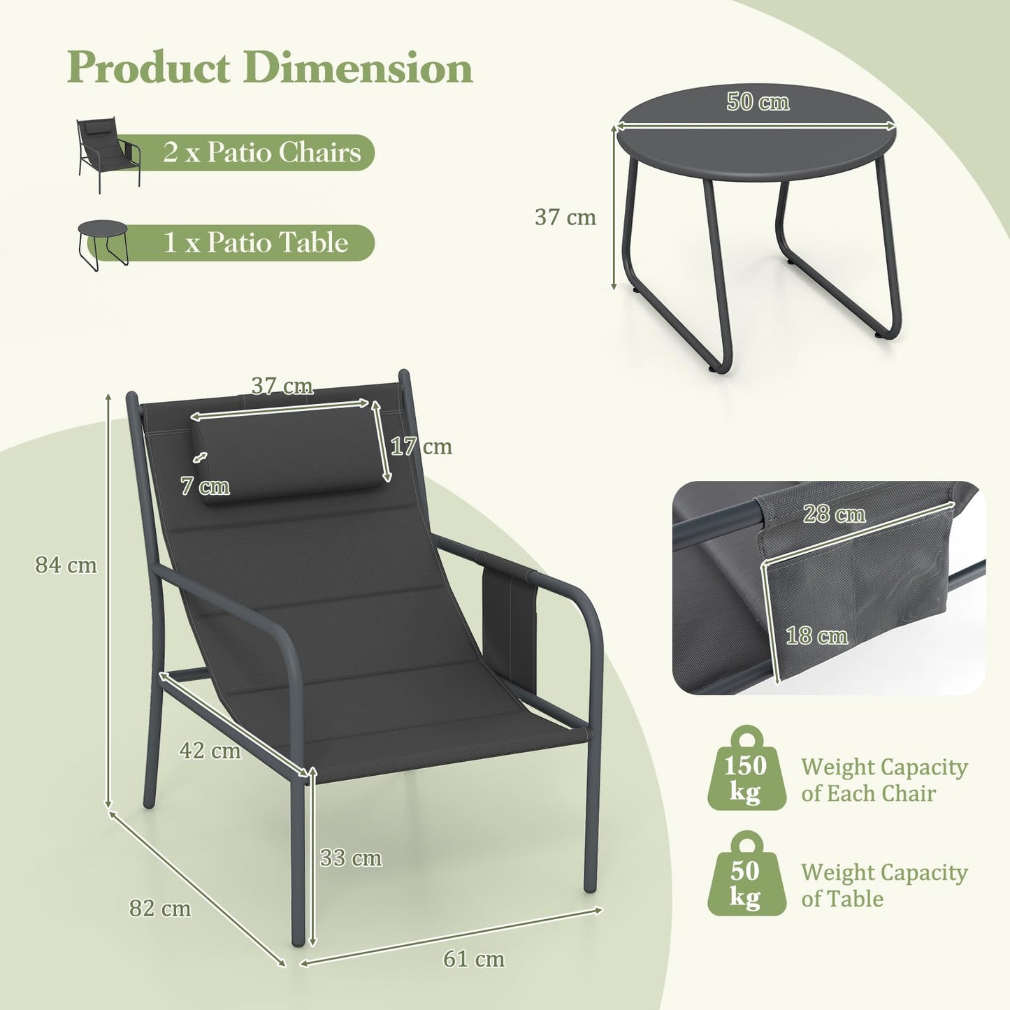 Metal Frame Chair and Coffee Table Set with Cozy Headrest & Storage Bag