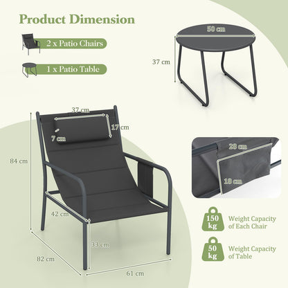 Metal Frame Chair and Coffee Table Set with Cozy Headrest & Storage Bag