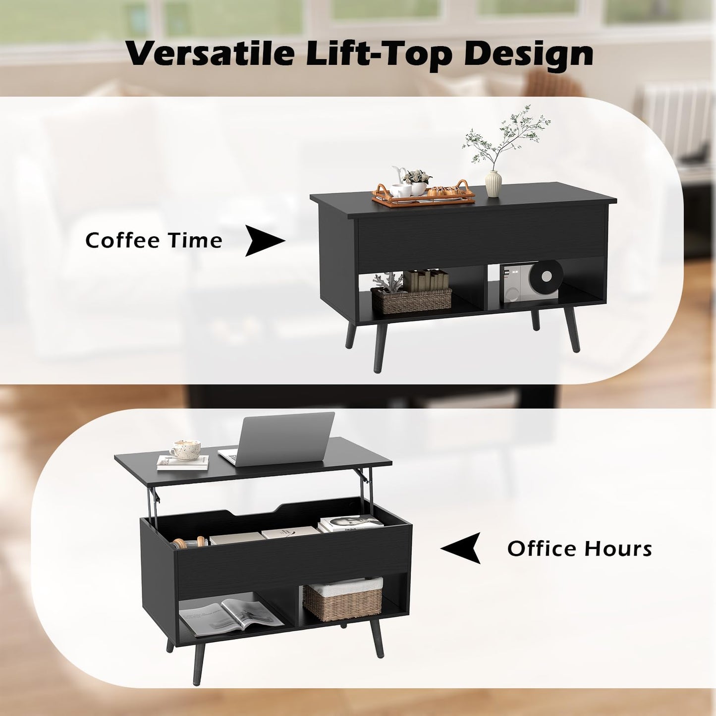 Lift Up Top Coffee Table with Hidden Storage Compartment and Open Shelf