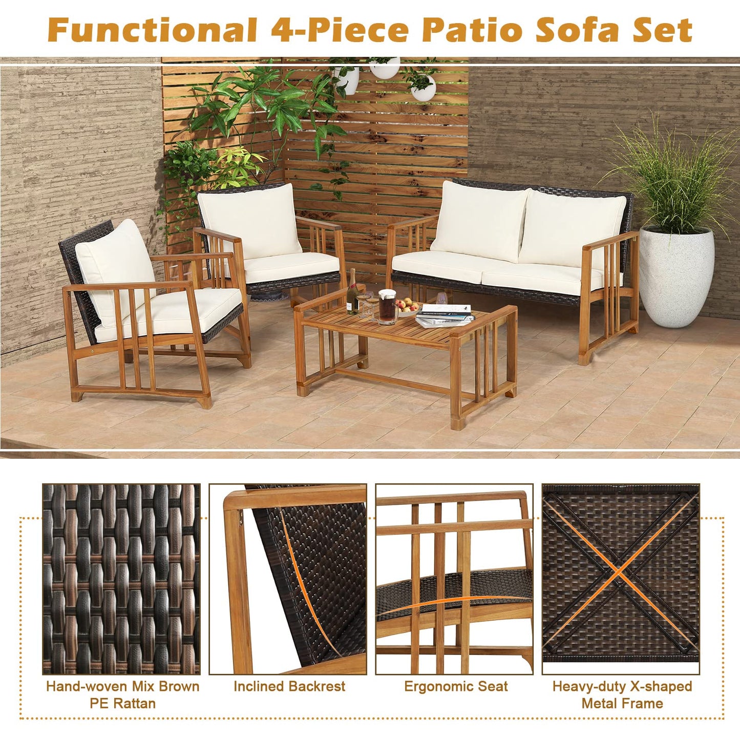 4 PCS Garden Furniture Set for Balcony Yard