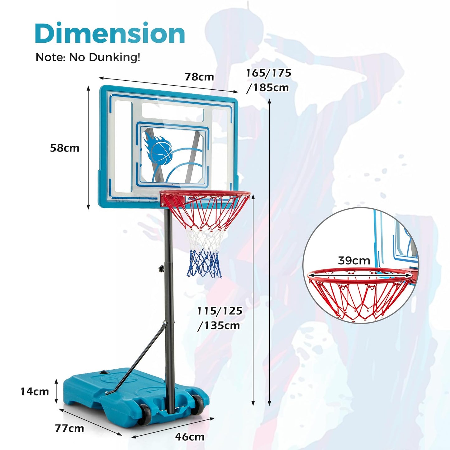 Swimming Pool Basketball Hoop 3.8-4.4FT Height Adjustable Poolside Basketball Goal System with Wheels and Fillable Base