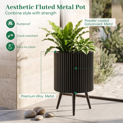 Plant Pot with Stand, 35/42cm Metal Fluted Flower Planter