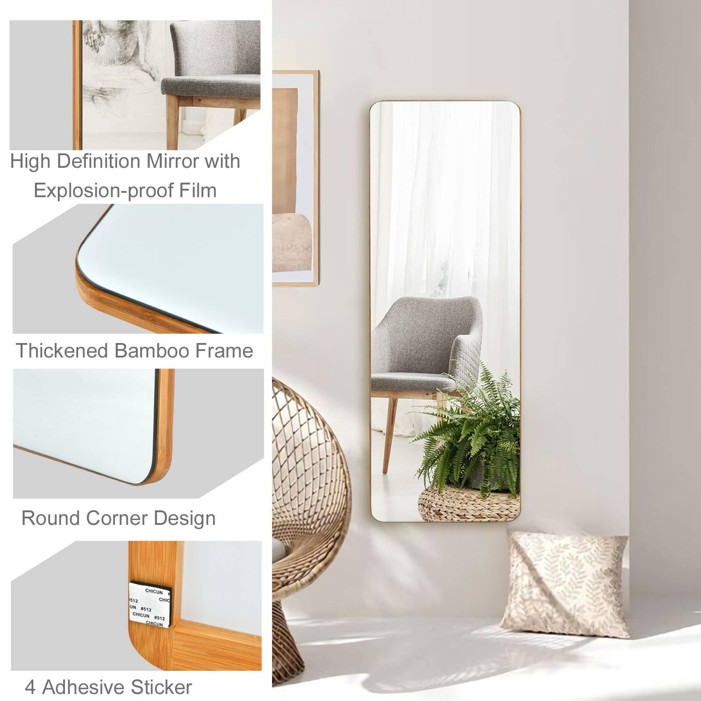 Rectangle Wall Mounted Mirror with Bamboo Frame and Round Corners