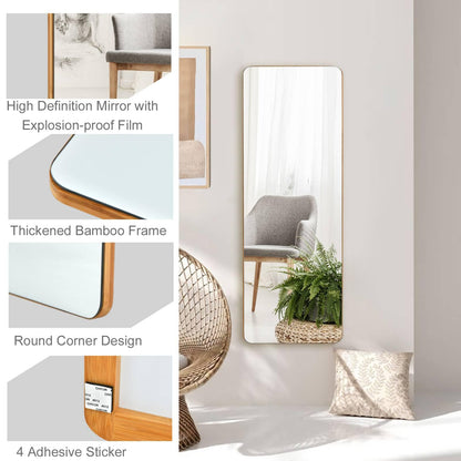 Rectangle Wall Mounted Mirror with Bamboo Frame and Round Corners