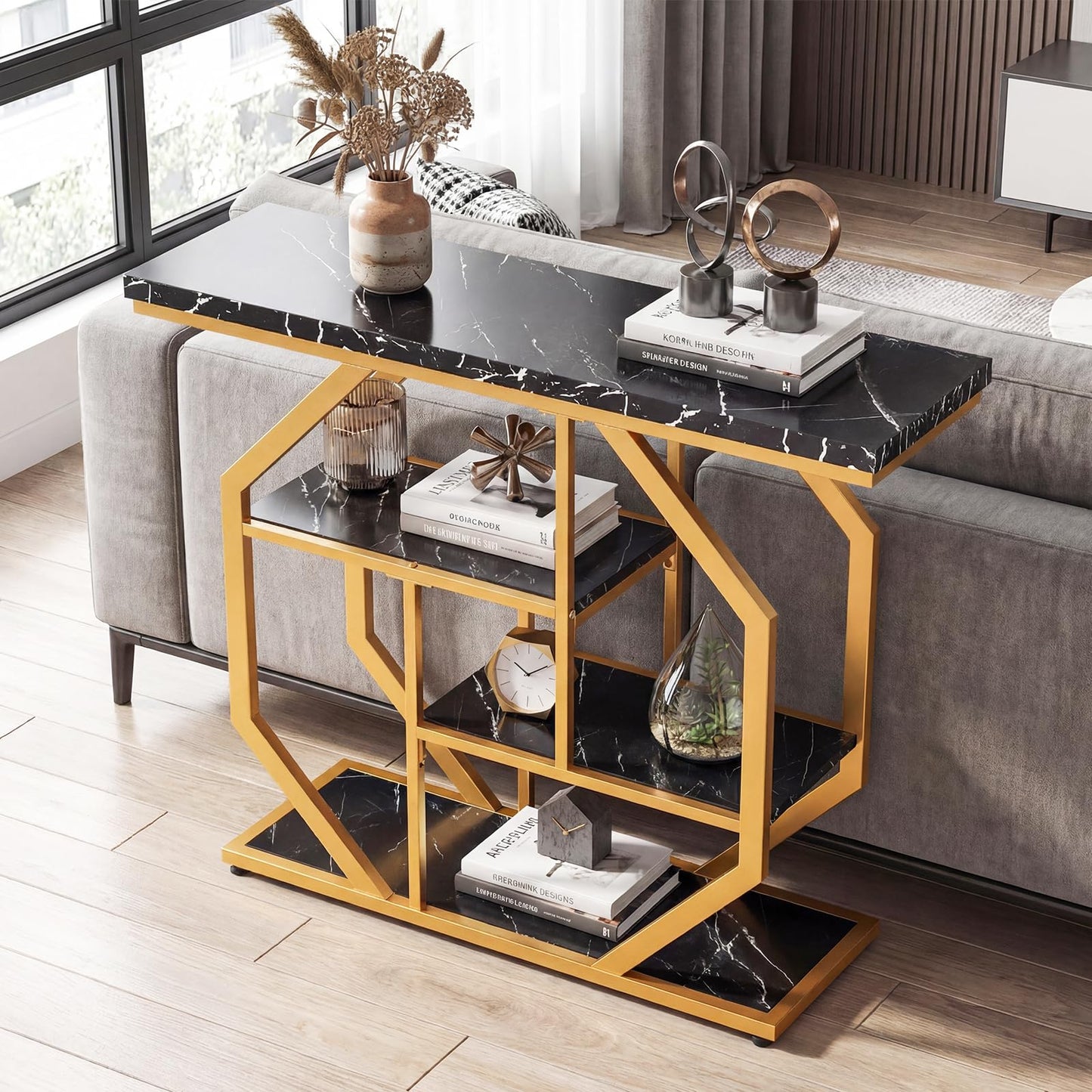 Console Table, 4-Tier Faux Marble Slim Entryway Table with Storage Shelves
