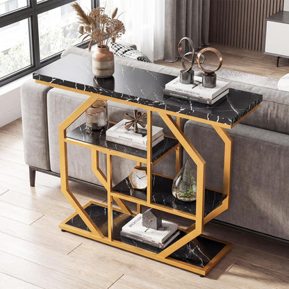 Console Table, 4-Tier Faux Marble Slim Entryway Table with Storage Shelves