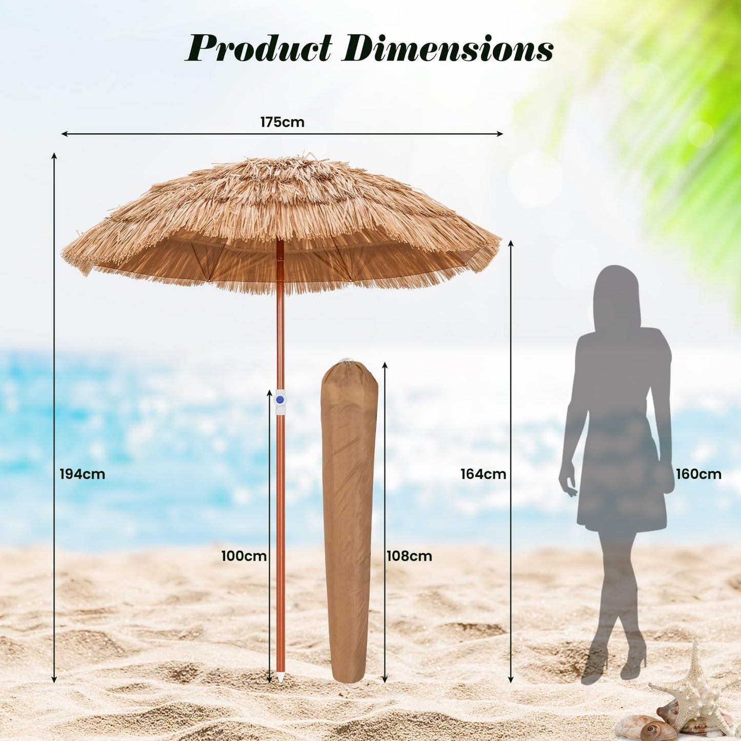 Giantex 1.8m Garden Hawaii Parasol Folding Tilting Thatch Tiki Sun Umbrella with 8 Ribs
