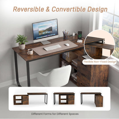 L Shaped Computer Desk with 3 Drawers and 2 Shelves, 140 cm Reversible Home Office Corner Desk