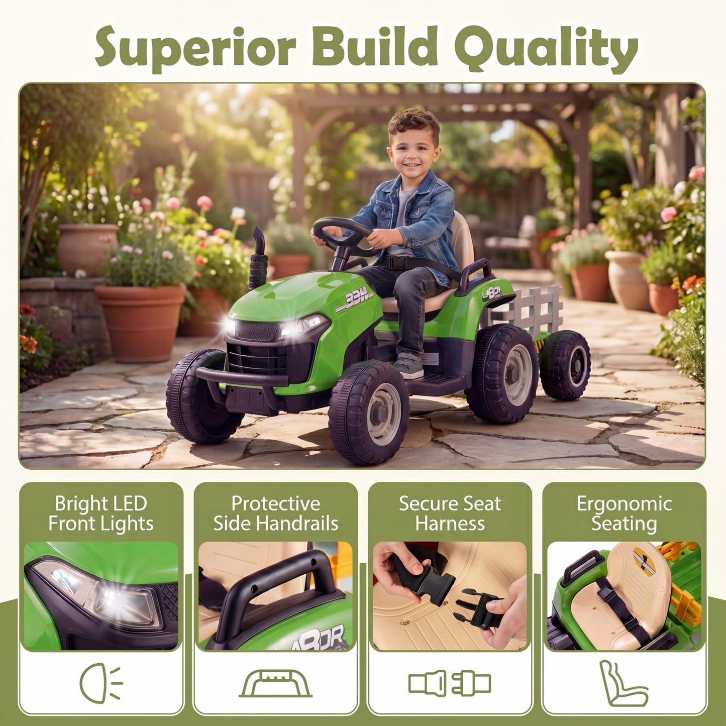 24V Ride on Tractor with Tiltable and Detachable Trailer Battery Powered Electric Tractor