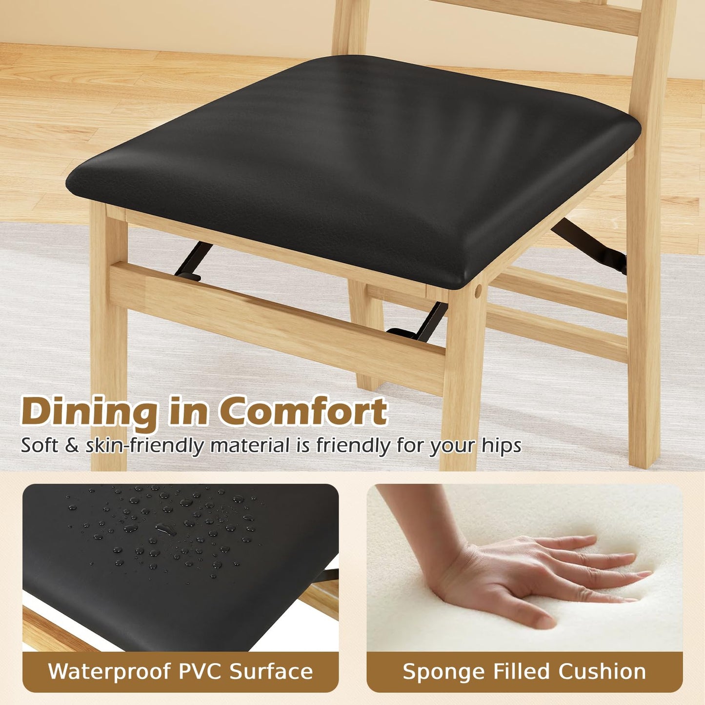 Folding Dining Chair Set of 2 with Rubber Wood Frame and Padded Seat