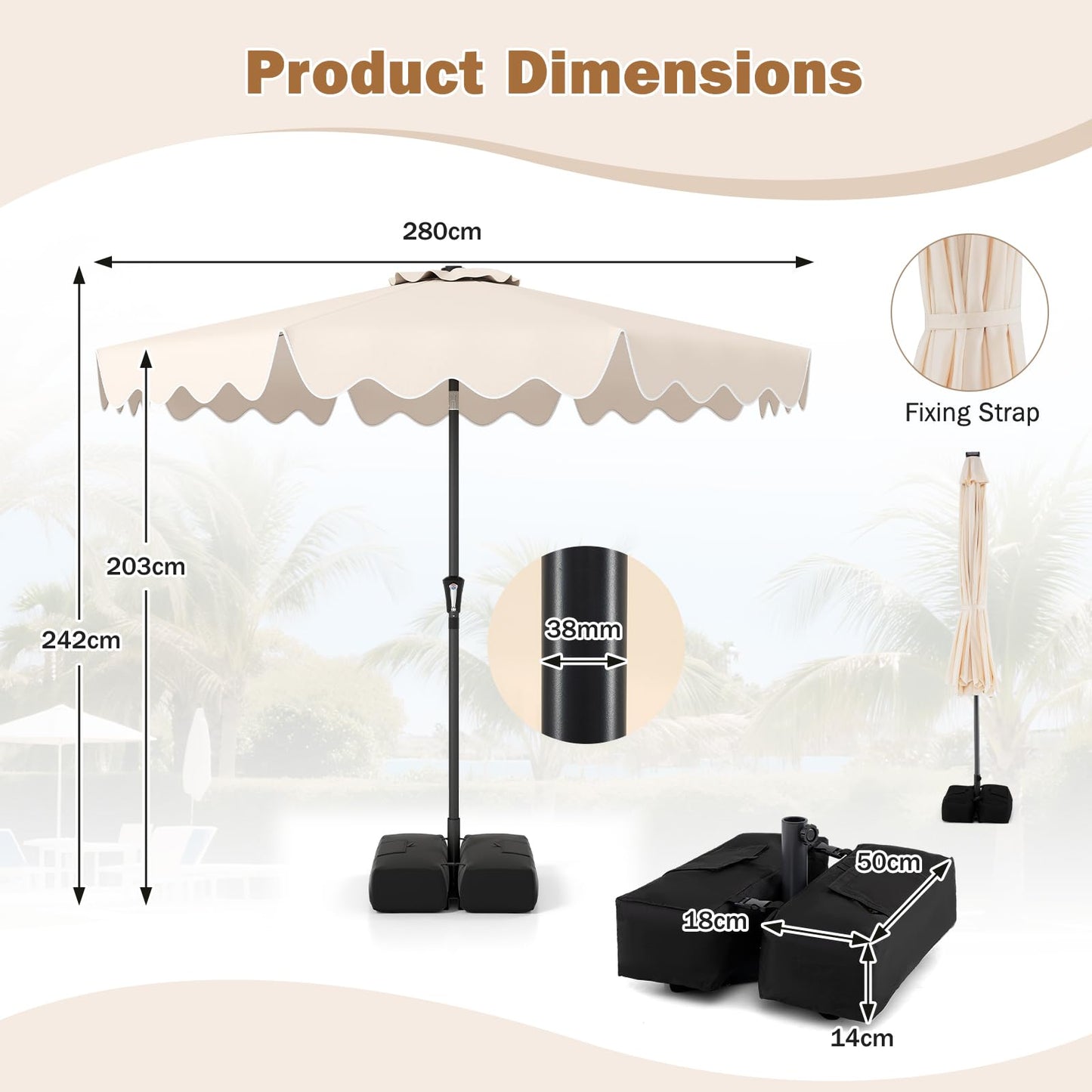 Garden Parasol, 8 Ribs Heavy-Duty Sun Shade Canopy