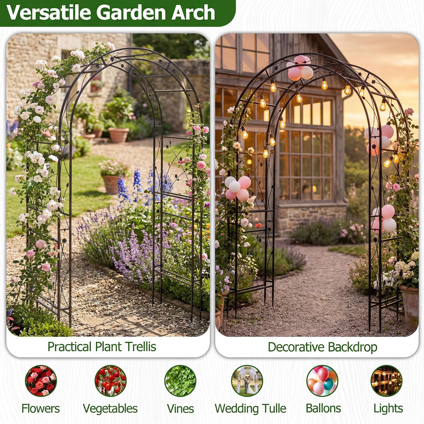 Metal Garden Arch, Large Archway Trellis Pergola Arbour for Rose Vines Climbing Plant, Patio Arbor Decoration Stand