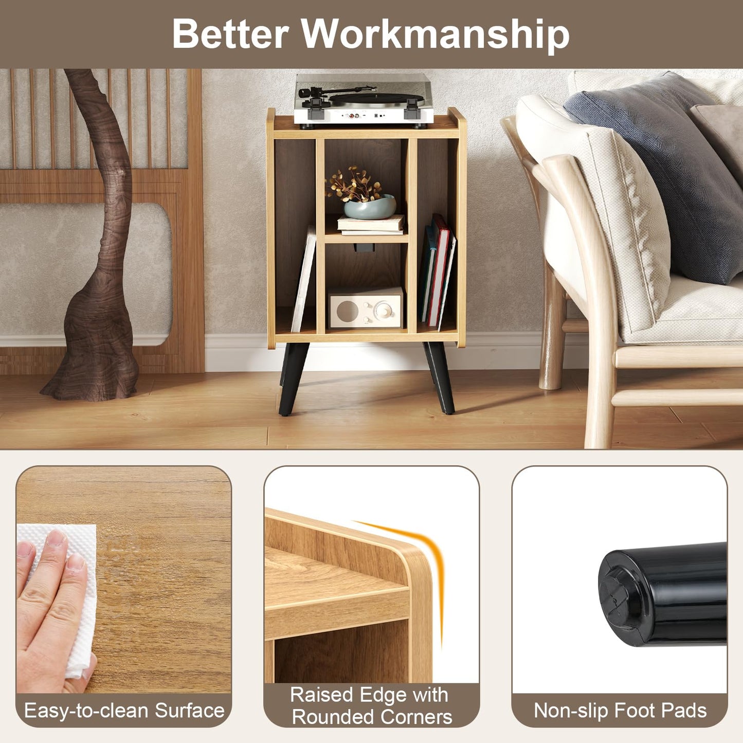 Record Player Stand with 4 Open Shelves Power Outlet USB Charging Port