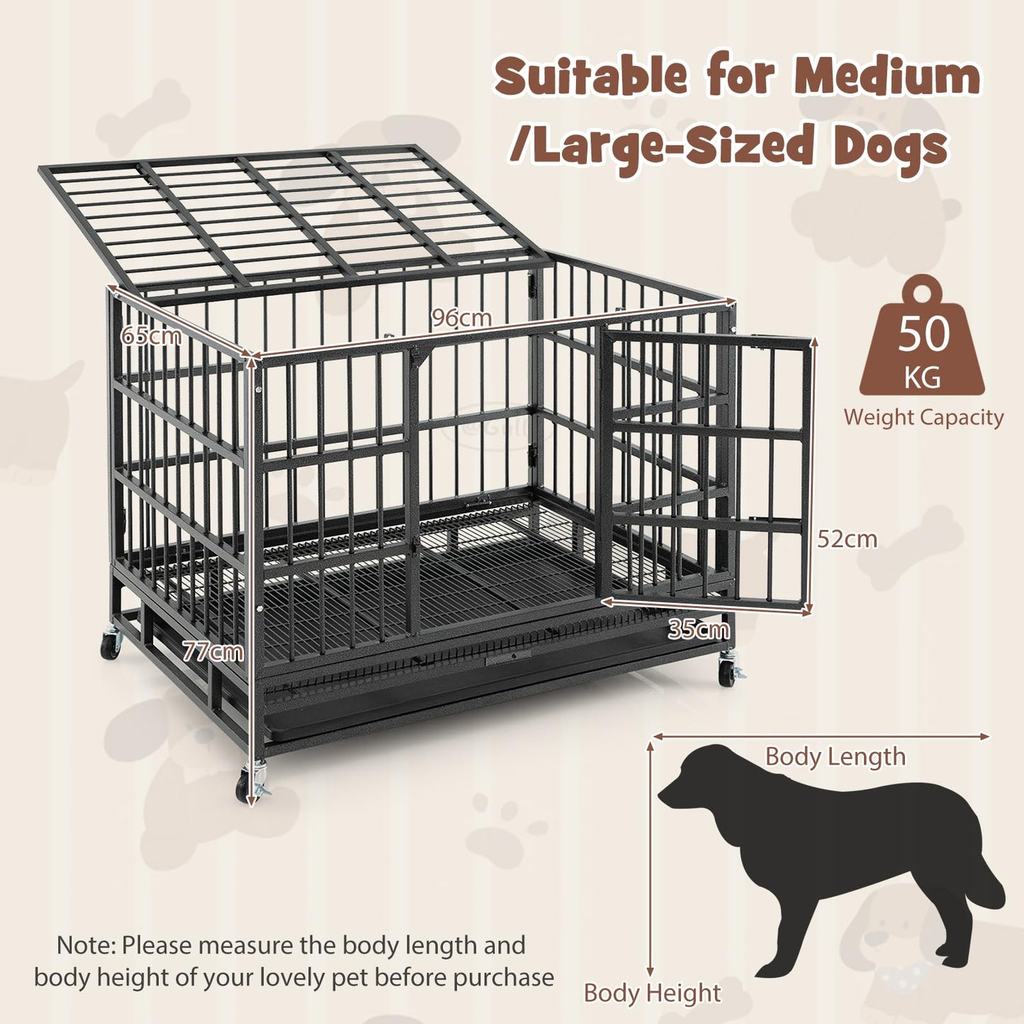 96/120cm Metal Dog Cage Foldable with Double Door and Wheels