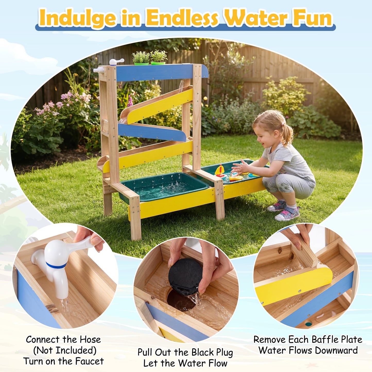 Fir Wood Montessori Sensory Play Activity Table with 2 Water Basin and Submarine Toys for Boys and Girls 3+