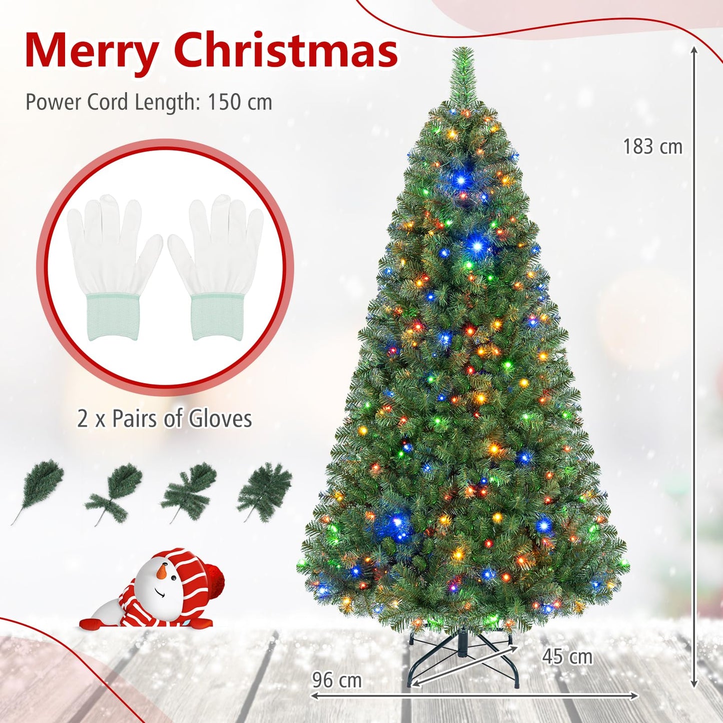 Pre-Lit Artificial Christmas Tree, Hinged Xmas Tree with 350 Warm White & Colorful LED Lights